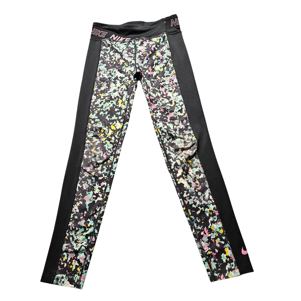 Nike Pro Girls Dri-FIT Splatter Print Leggings Black Multi Color Size L Gymwear